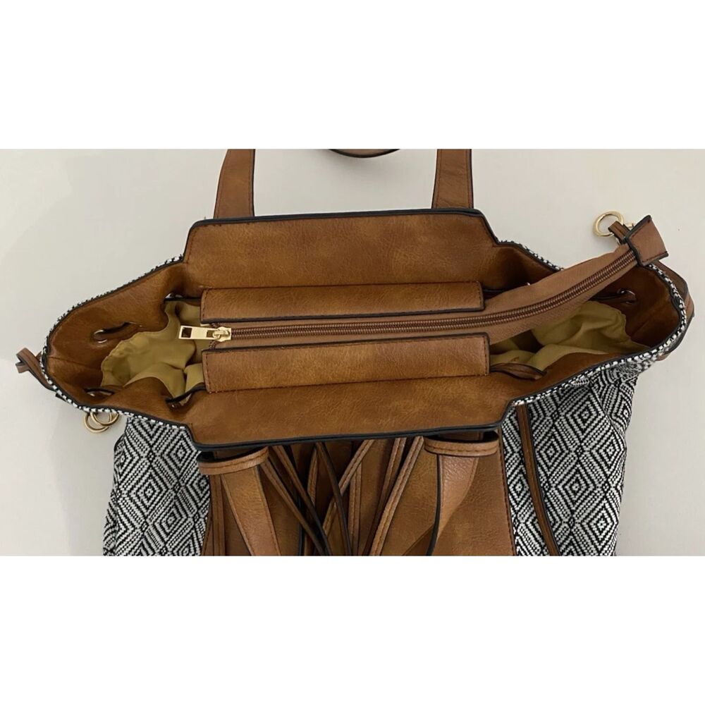 Women's Tote Bag Purse Handbag Brown Black Faux Leather - Picture 3 of 10